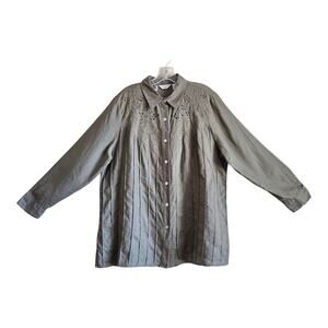 RICHARD MALCOLM Women's Plus 1X Irish Linen Shirt Olive Embroidered Eyelet 46"